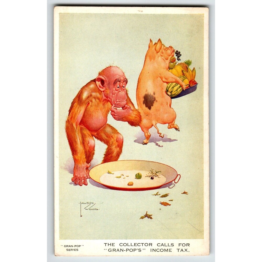 Monkey Pig Steals Food Plate Postcard Larson Wood Signed Fantasy Anthropomorphic